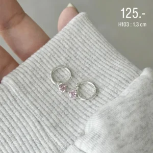 สแตนเลสแท้ ต่างหูห่วงจี้หัวใจชมพู Pink Heart (H103)