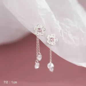 ต่างหูทับหลัง ดอกไม้ซากุระประดับเพชรดีไซน์ระย้า (T12)
